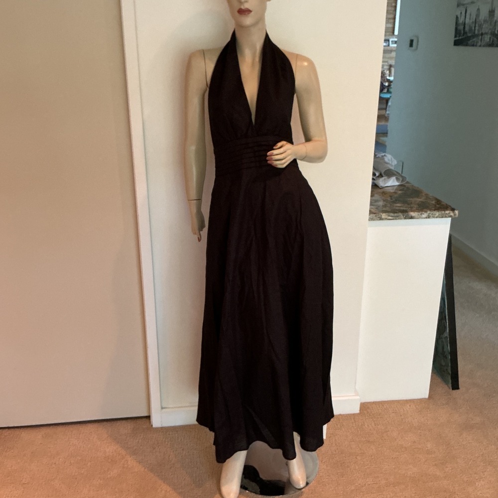 Commense Black Halter Maxi Dress Cotton Linen Blend V-Neck Open Back Small NWT